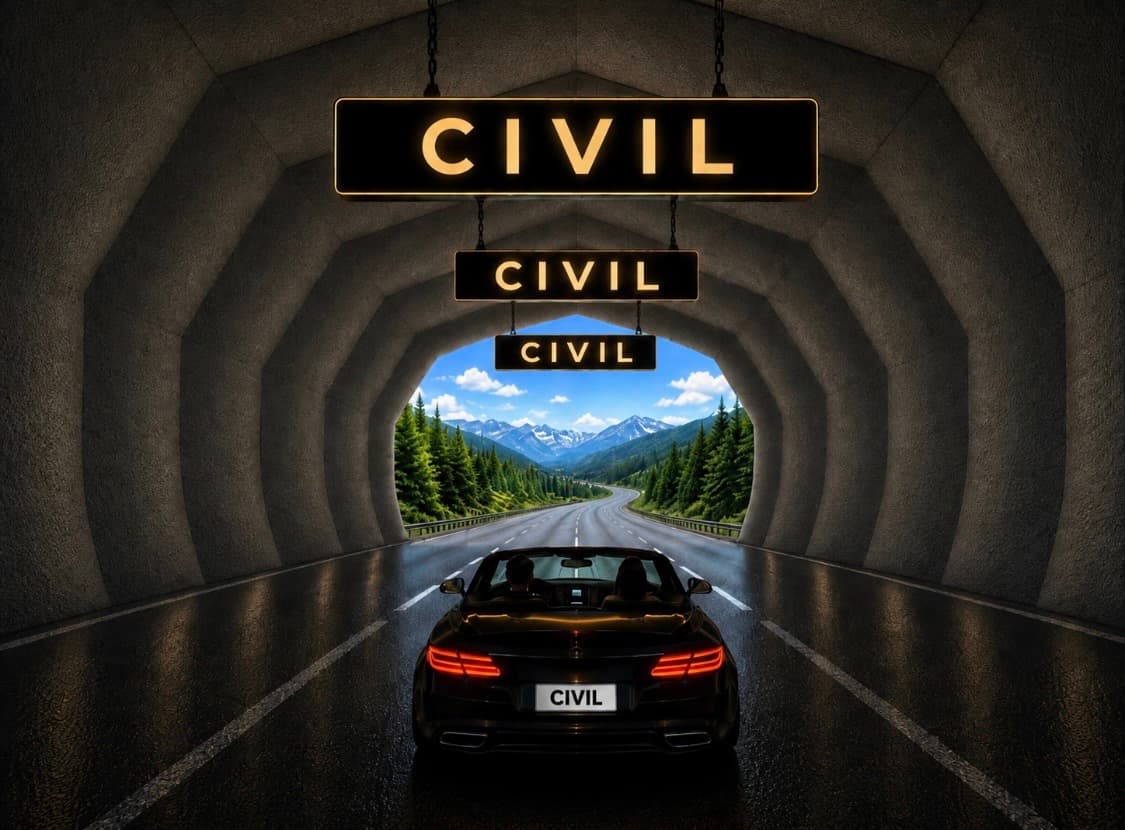CIVIL shield-shaped tunnel with vehicle approaching a clear road